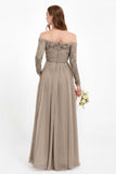 Flowy Chiffon Lace off the shoulder Bridesmaid Dress Long sleeves Formal Evening Party Dresses