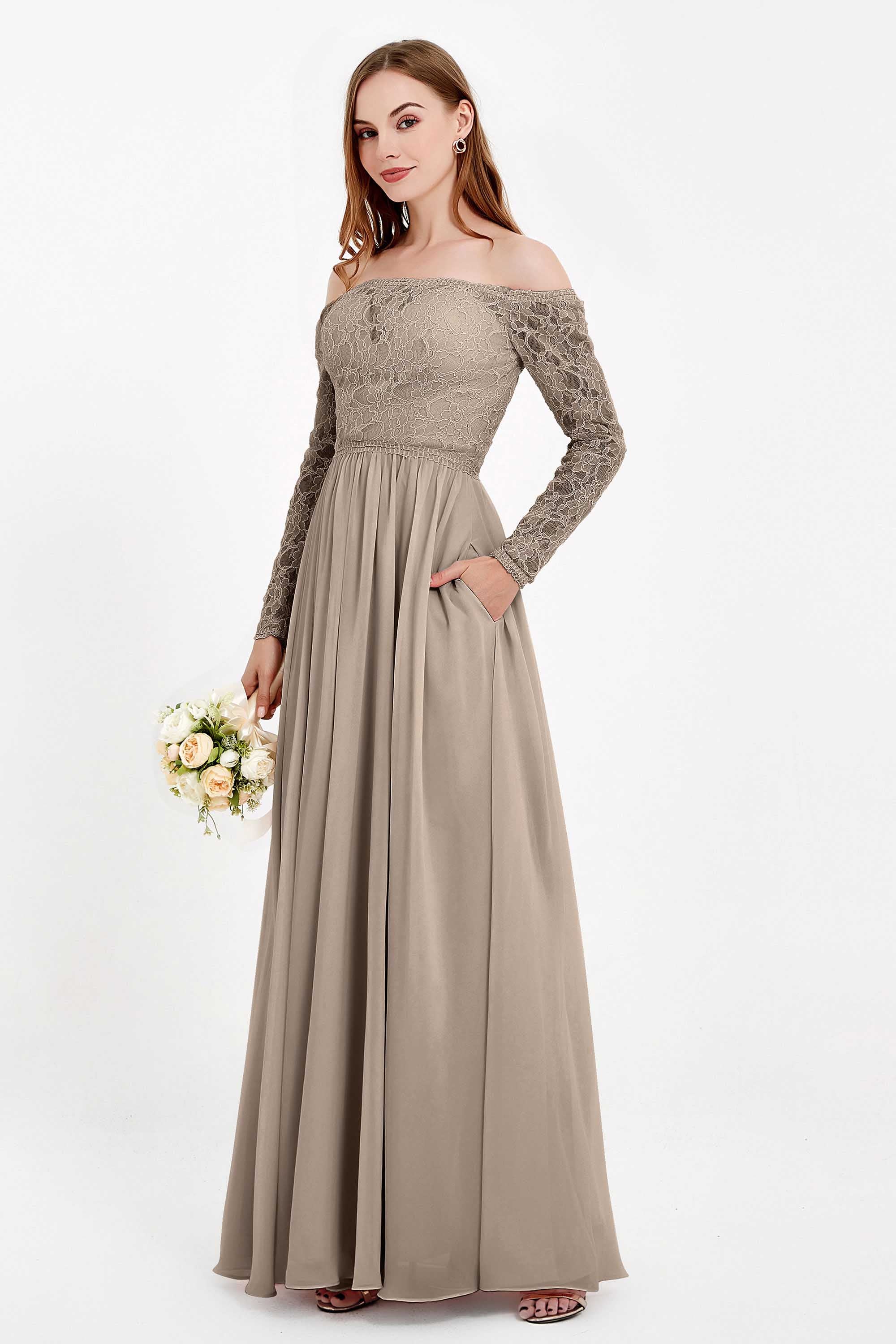 Flowy Chiffon Lace off the shoulder Bridesmaid Dress Long sleeves Formal Evening Party Dresses