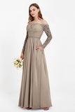 Flowy Chiffon Lace off the shoulder Bridesmaid Dress Long sleeves Formal Evening Party Dresses