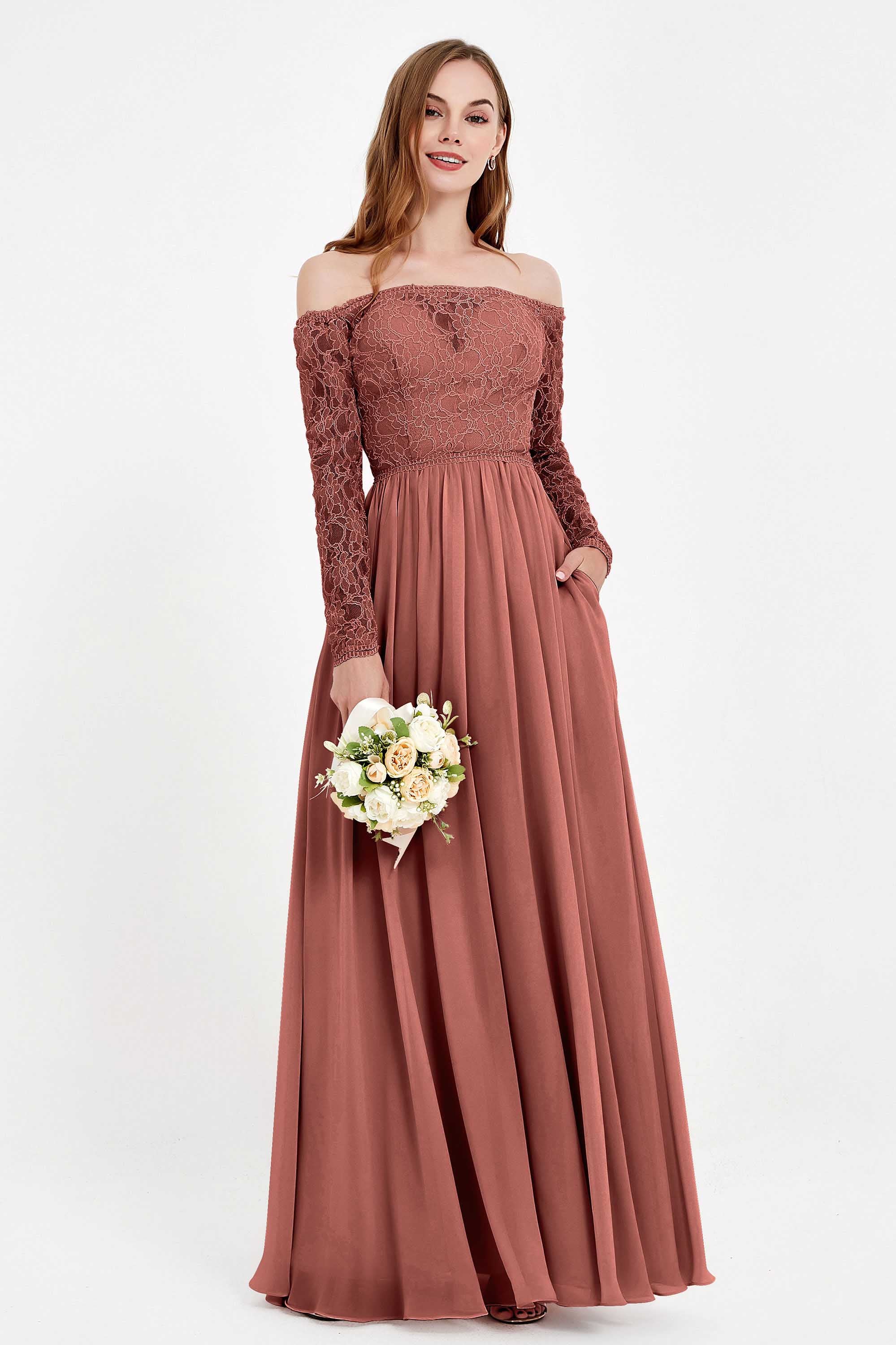 Flowy Chiffon Lace off the shoulder Bridesmaid Dress Long sleeves Formal Evening Party Dresses