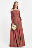 Flowy Chiffon Lace off the shoulder Bridesmaid Dress Long sleeves Formal Evening Party Dresses
