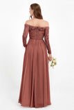 Flowy Chiffon Lace off the shoulder Bridesmaid Dress Long sleeves Formal Evening Party Dresses
