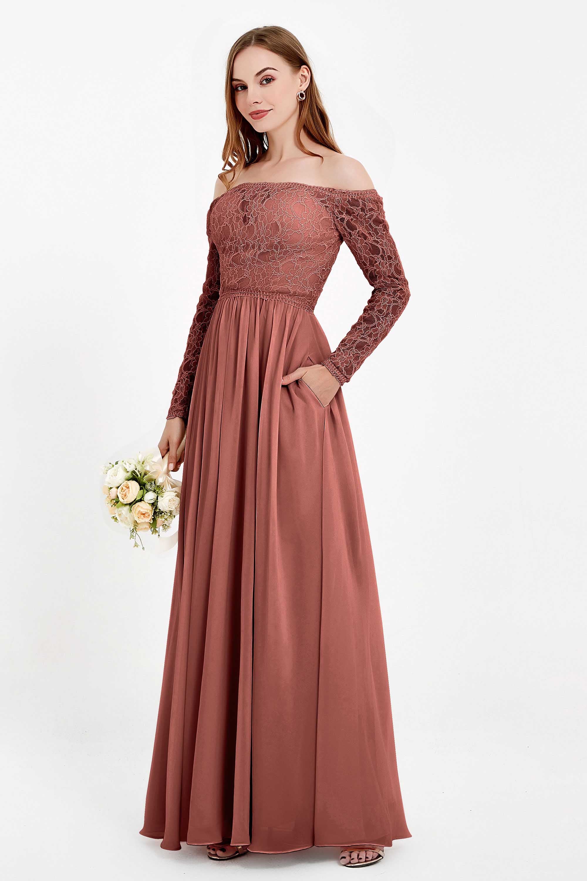 Flowy Chiffon Lace off the shoulder Bridesmaid Dress Long sleeves Formal Evening Party Dresses