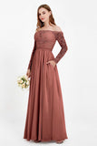 Flowy Chiffon Lace off the shoulder Bridesmaid Dress Long sleeves Formal Evening Party Dresses