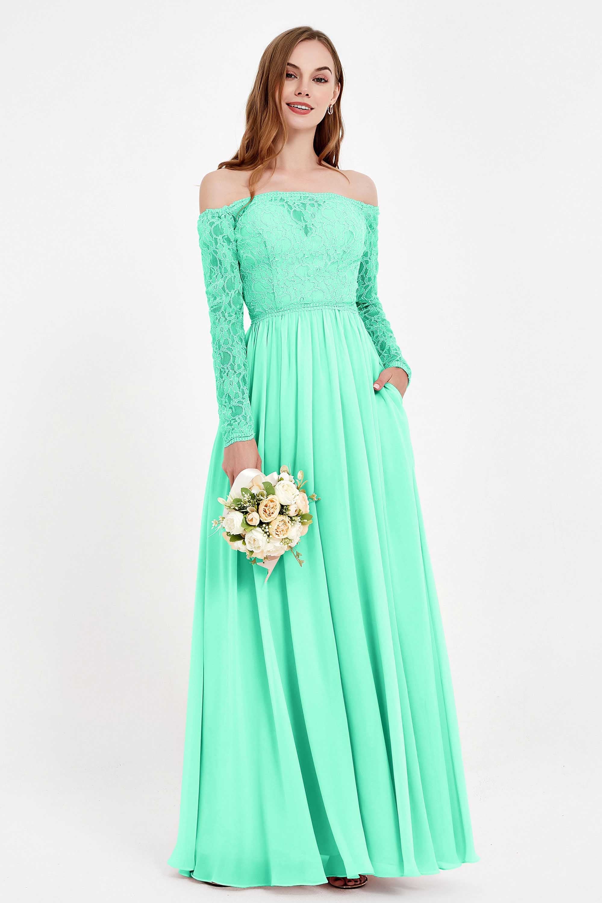 Flowy Chiffon Lace off the shoulder Bridesmaid Dress Long sleeves Formal Evening Party Dresses