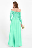 Flowy Chiffon Lace off the shoulder Bridesmaid Dress Long sleeves Formal Evening Party Dresses