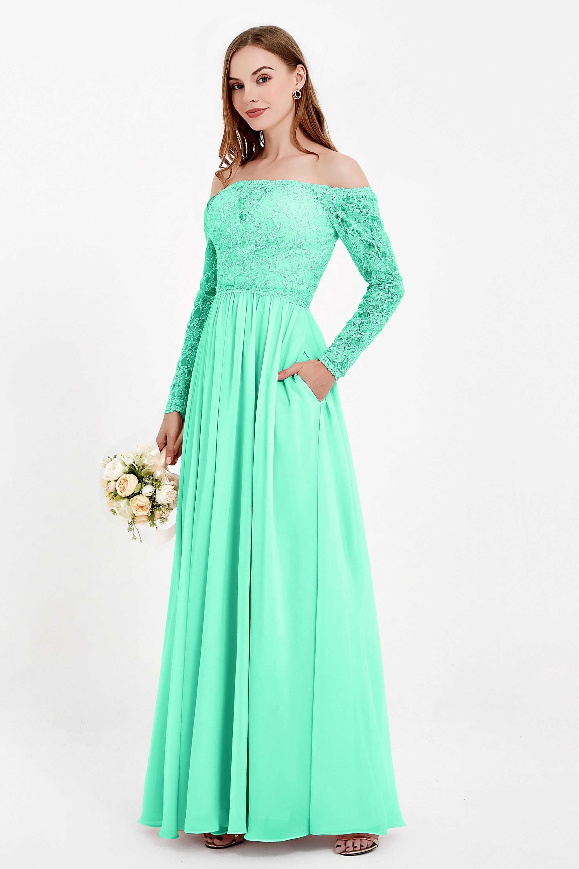 Flowy Chiffon Lace off the shoulder Bridesmaid Dress Long sleeves Formal Evening Party Dresses
