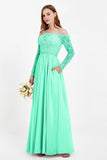 Flowy Chiffon Lace off the shoulder Bridesmaid Dress Long sleeves Formal Evening Party Dresses