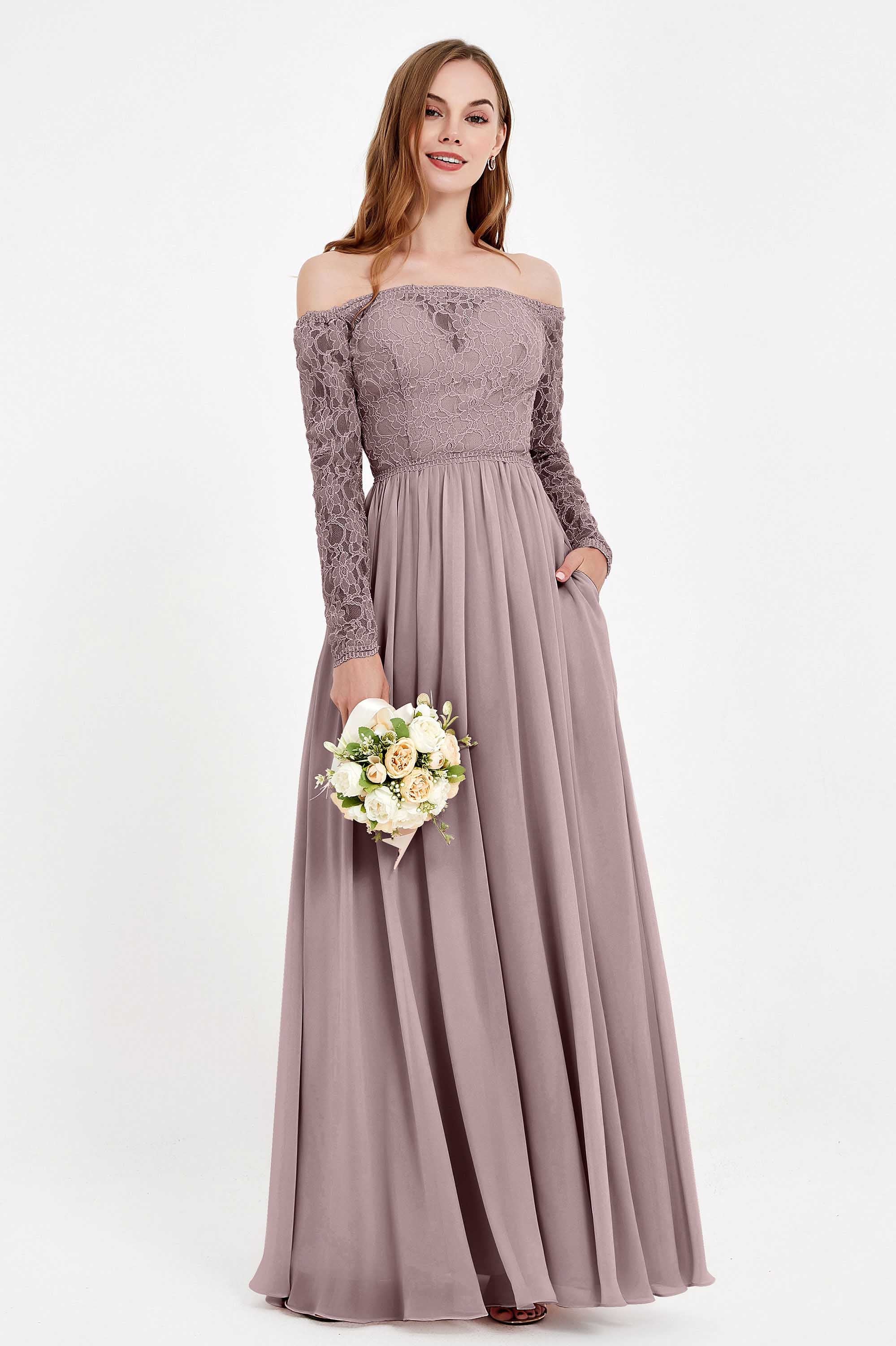 Flowy Chiffon Lace off the shoulder Bridesmaid Dress Long sleeves Formal Evening Party Dresses
