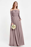 Flowy Chiffon Lace off the shoulder Bridesmaid Dress Long sleeves Formal Evening Party Dresses