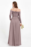 Flowy Chiffon Lace off the shoulder Bridesmaid Dress Long sleeves Formal Evening Party Dresses