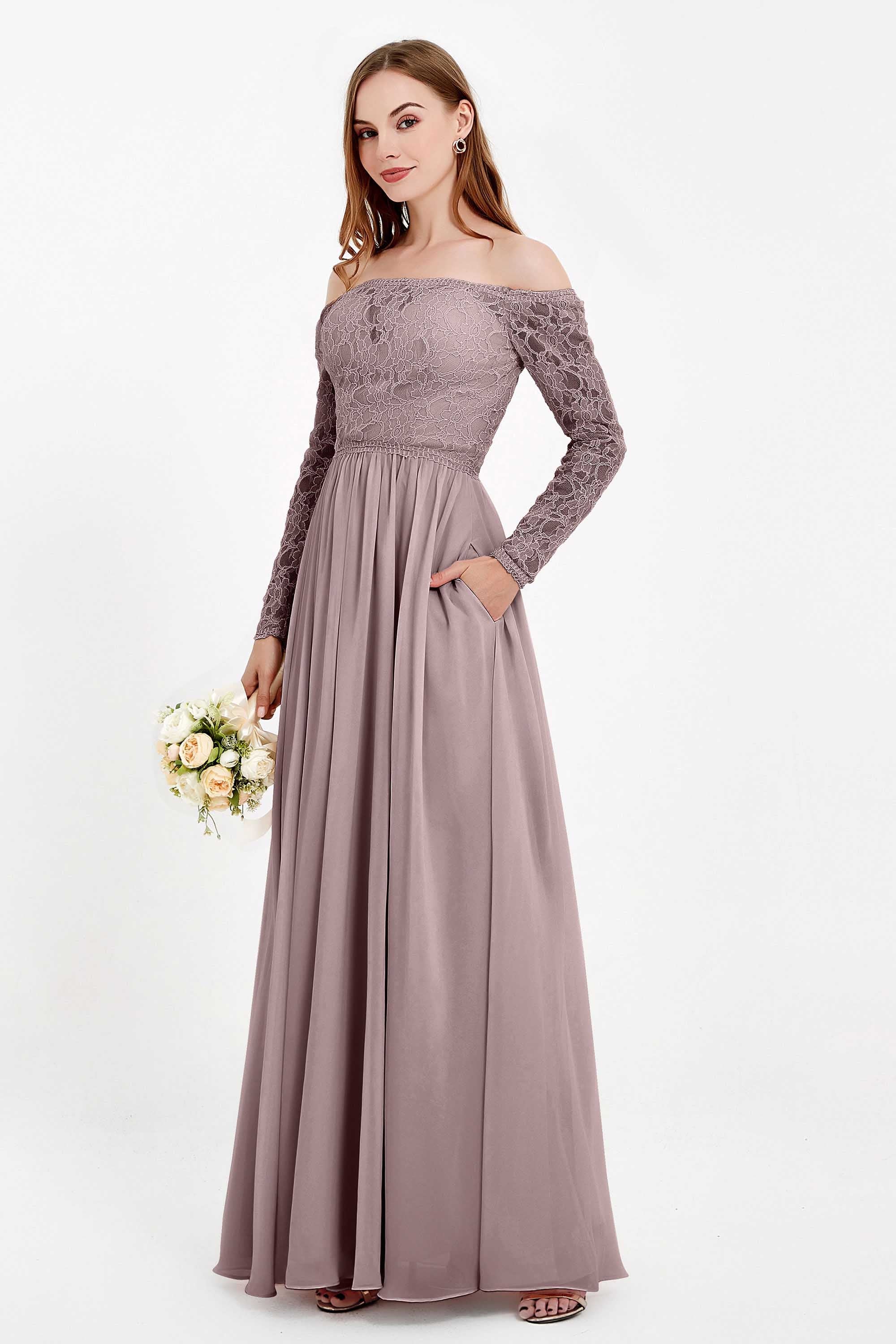 Flowy Chiffon Lace off the shoulder Bridesmaid Dress Long sleeves Formal Evening Party Dresses