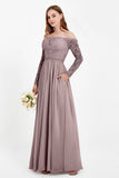 Flowy Chiffon Lace off the shoulder Bridesmaid Dress Long sleeves Formal Evening Party Dresses