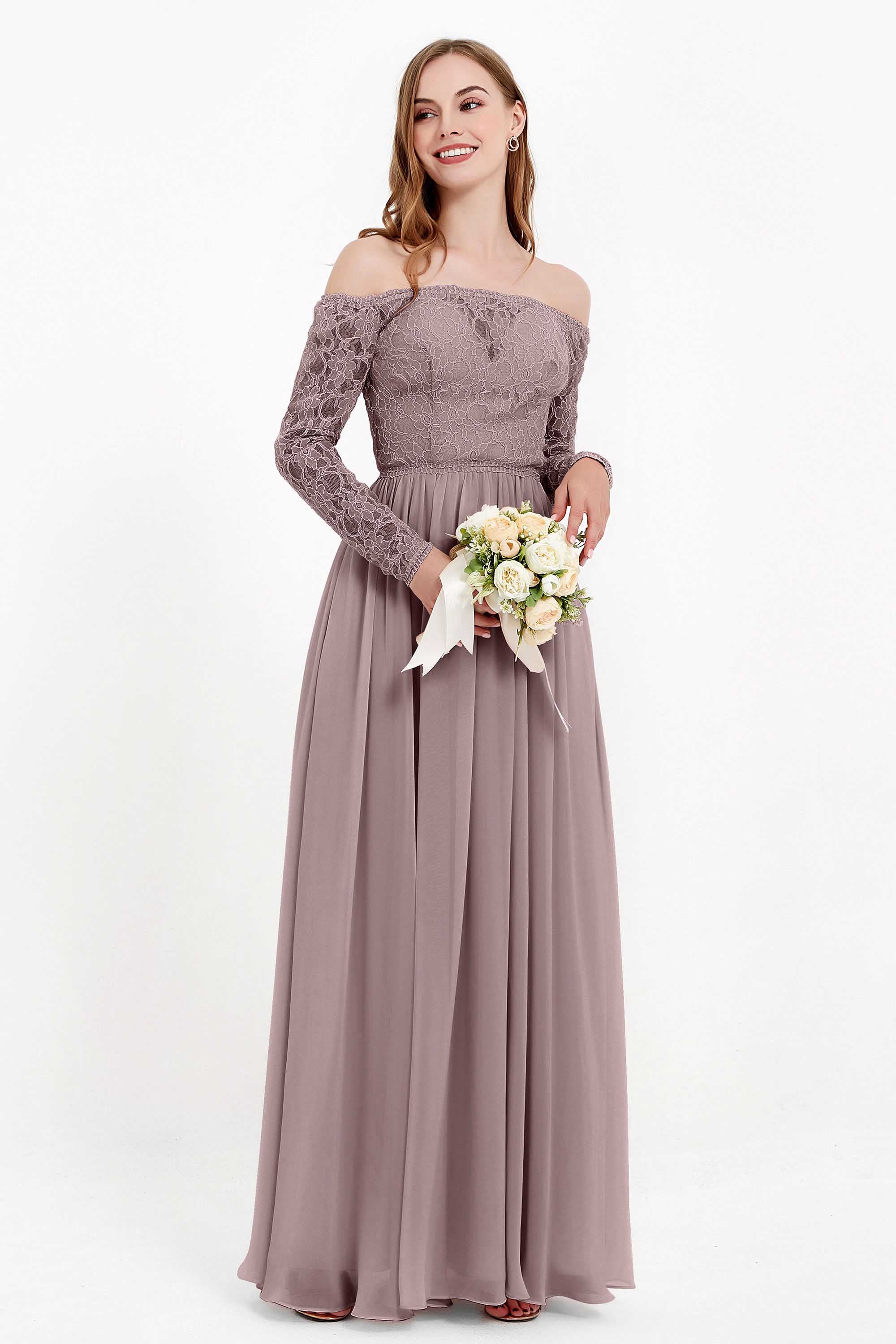 Flowy Chiffon Lace off the shoulder Bridesmaid Dress Long sleeves Formal Evening Party Dresses