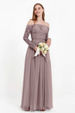 Flowy Chiffon Lace off the shoulder Bridesmaid Dress Long sleeves Formal Evening Party Dresses