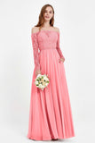 Flowy Chiffon Lace off the shoulder Bridesmaid Dress Long sleeves Formal Evening Party Dresses