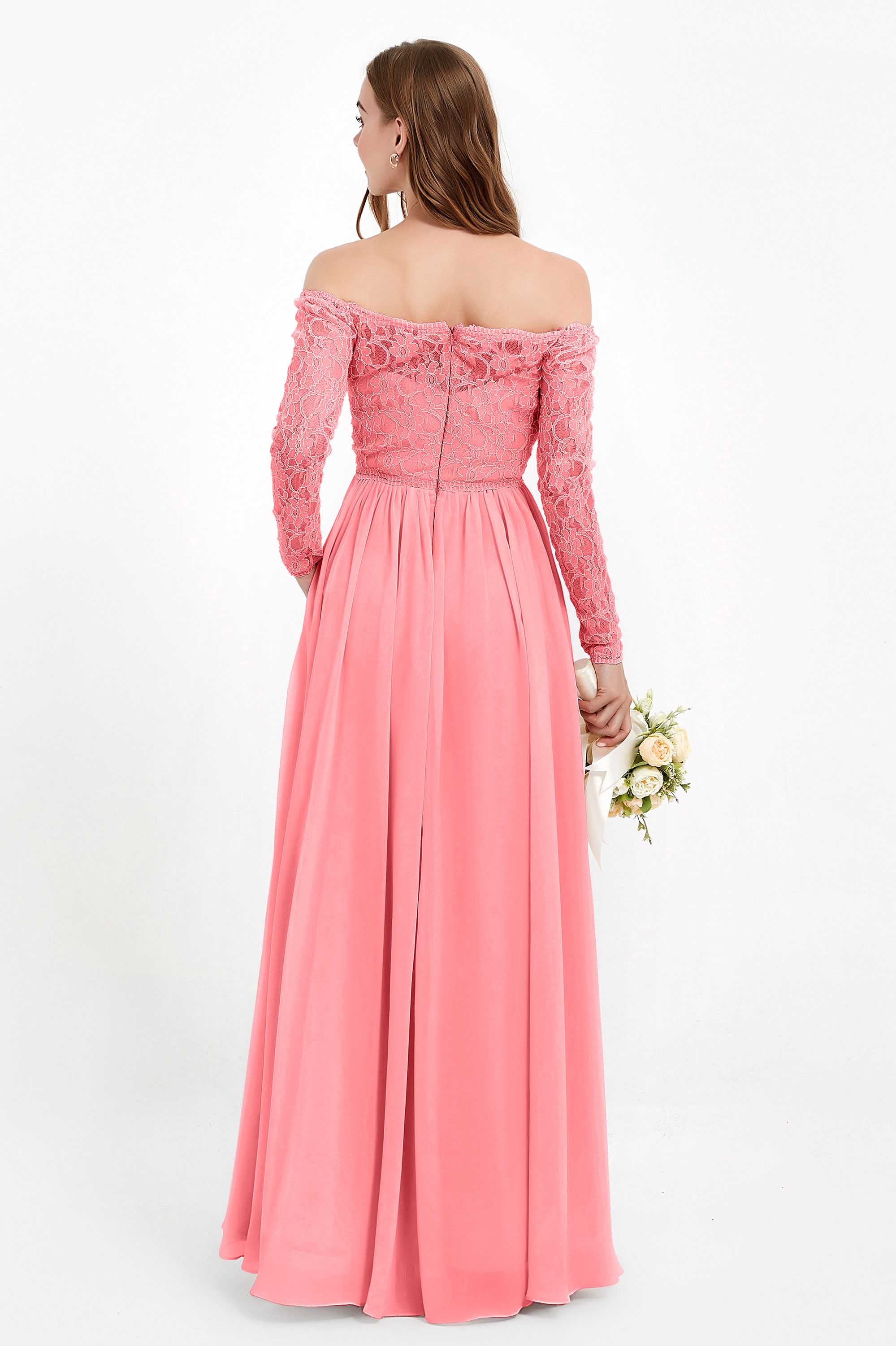 Flowy Chiffon Lace off the shoulder Bridesmaid Dress Long sleeves Formal Evening Party Dresses