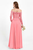 Flowy Chiffon Lace off the shoulder Bridesmaid Dress Long sleeves Formal Evening Party Dresses