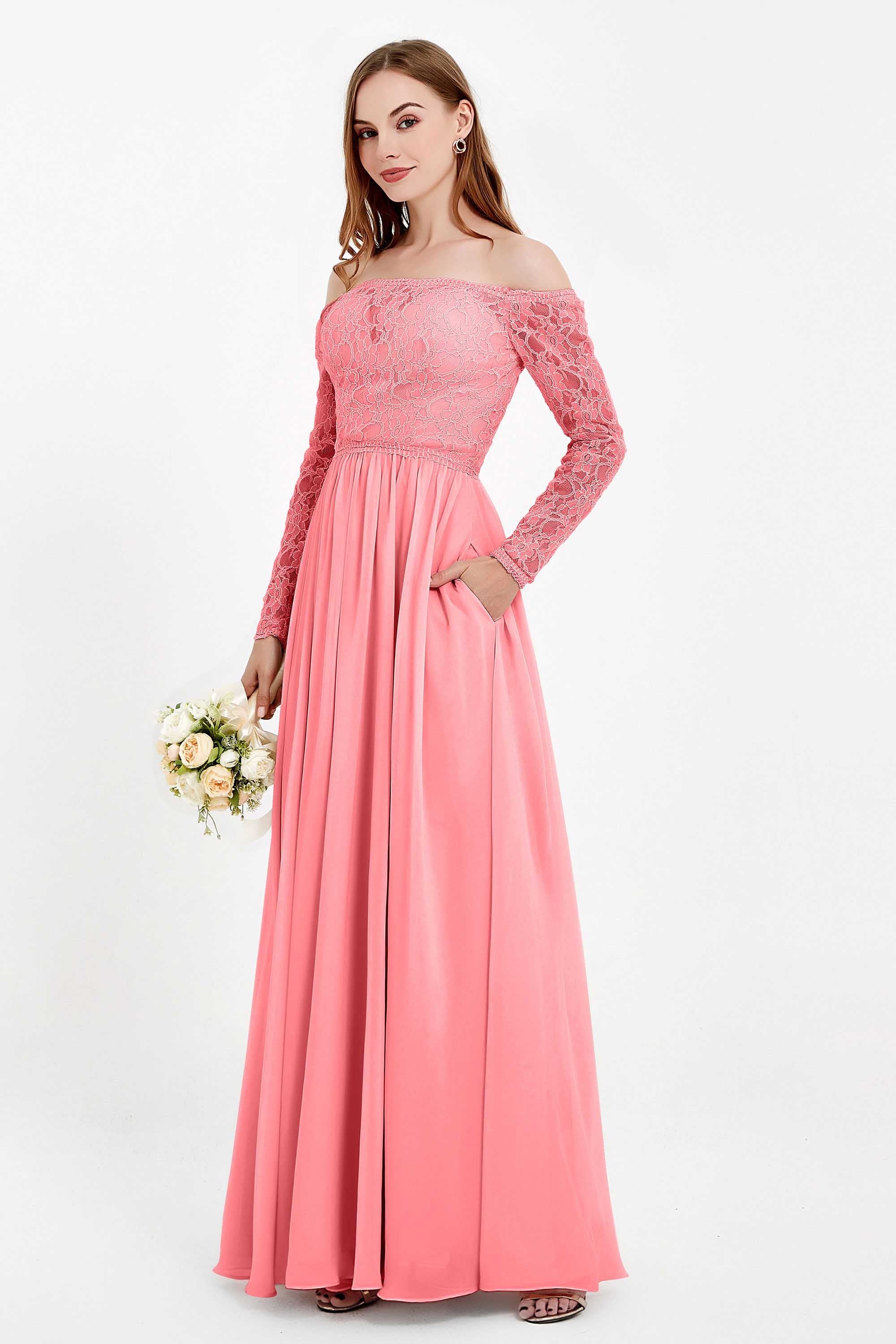 Flowy Chiffon Lace off the shoulder Bridesmaid Dress Long sleeves Formal Evening Party Dresses