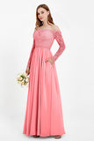 Flowy Chiffon Lace off the shoulder Bridesmaid Dress Long sleeves Formal Evening Party Dresses