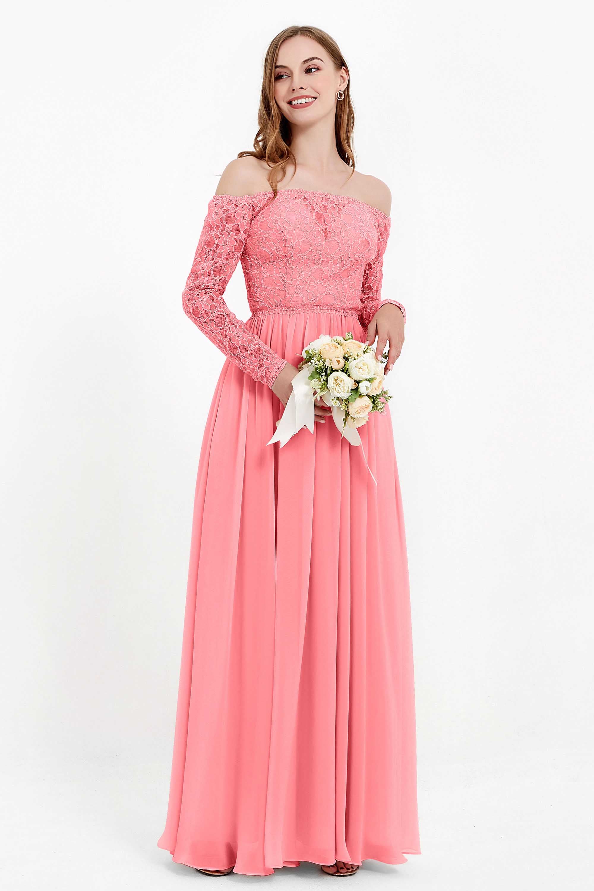 Flowy Chiffon Lace off the shoulder Bridesmaid Dress Long sleeves Formal Evening Party Dresses