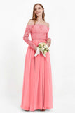 Flowy Chiffon Lace off the shoulder Bridesmaid Dress Long sleeves Formal Evening Party Dresses
