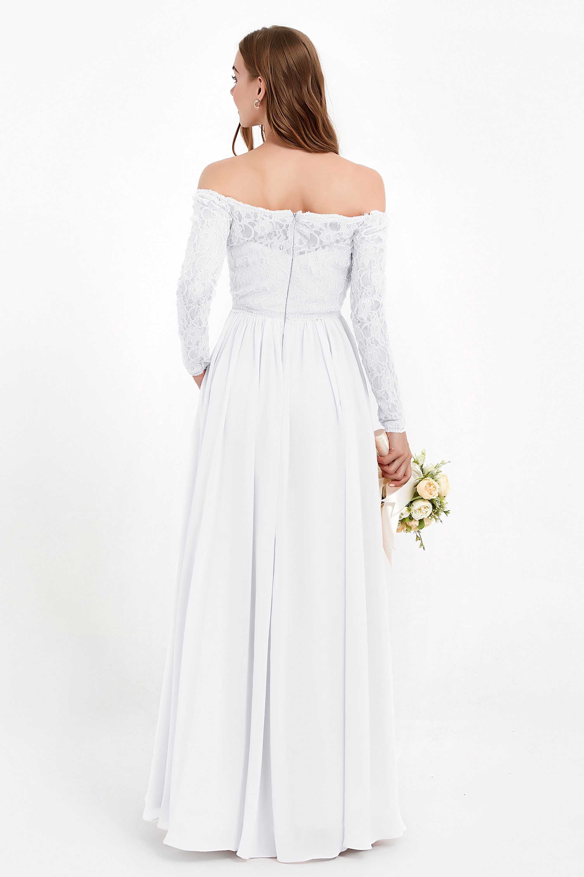 Flowy Chiffon Lace off the shoulder Bridesmaid Dress Long sleeves Formal Evening Party Dresses