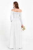 Flowy Chiffon Lace off the shoulder Bridesmaid Dress Long sleeves Formal Evening Party Dresses