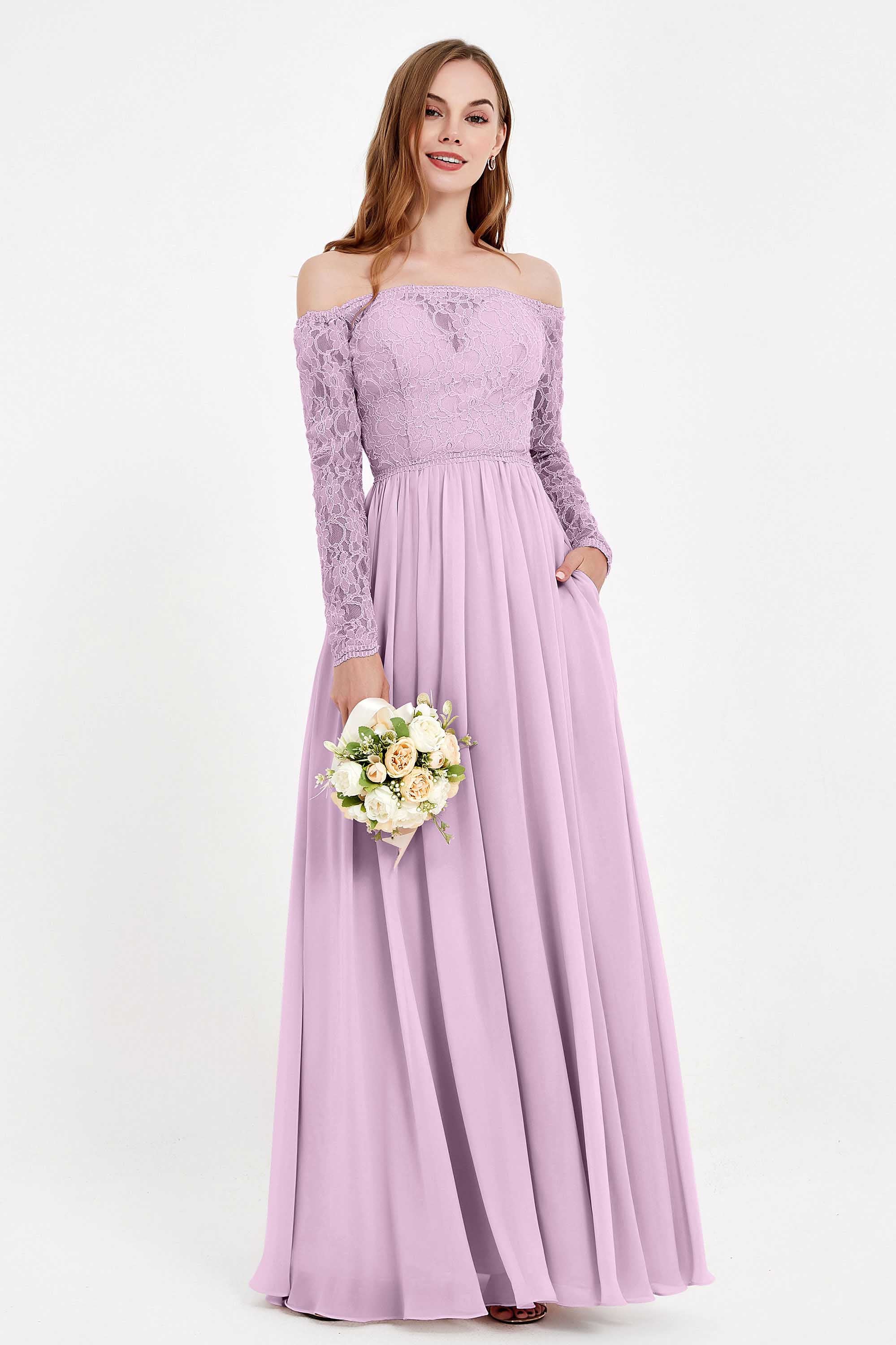 Flowy Chiffon Lace off the shoulder Bridesmaid Dress Long sleeves Formal Evening Party Dresses