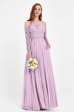 Flowy Chiffon Lace off the shoulder Bridesmaid Dress Long sleeves Formal Evening Party Dresses