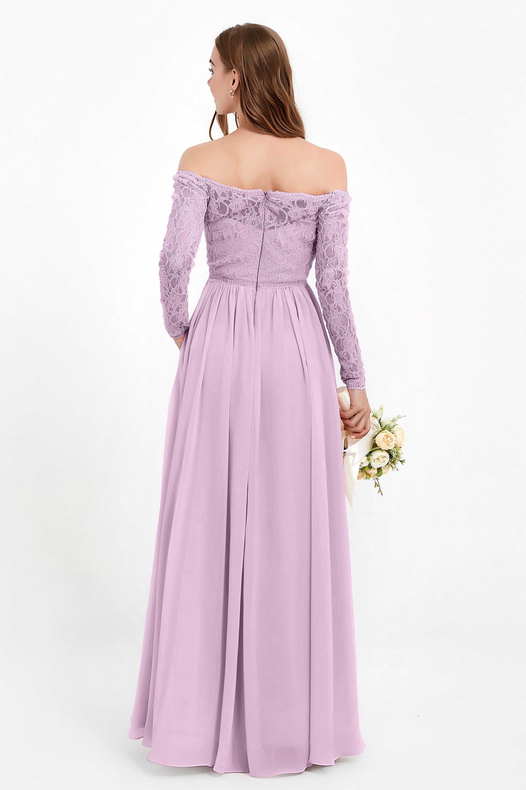 Flowy Chiffon Lace off the shoulder Bridesmaid Dress Long sleeves Formal Evening Party Dresses
