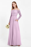 Flowy Chiffon Lace off the shoulder Bridesmaid Dress Long sleeves Formal Evening Party Dresses