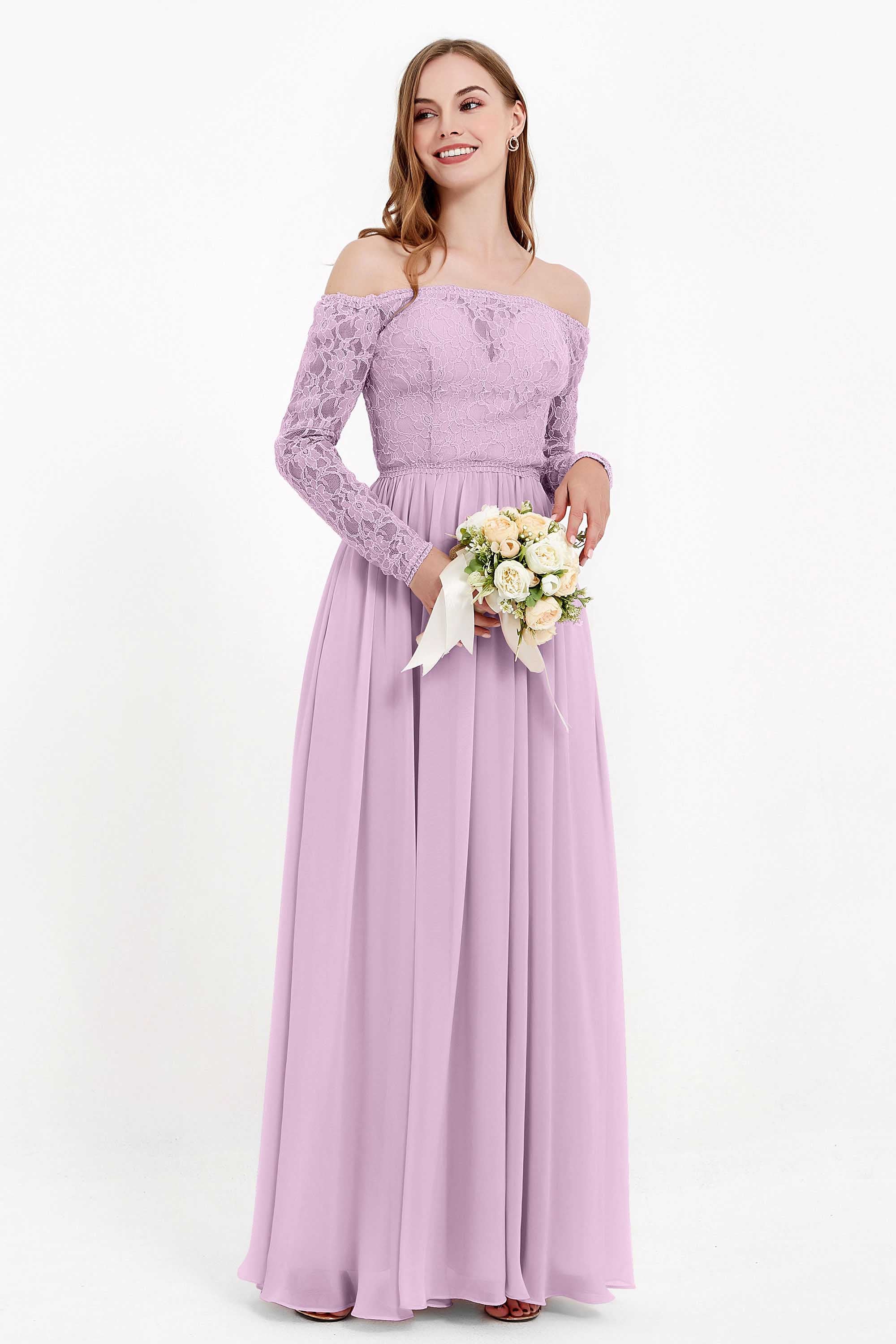 Flowy Chiffon Lace off the shoulder Bridesmaid Dress Long sleeves Formal Evening Party Dresses