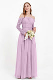 Flowy Chiffon Lace off the shoulder Bridesmaid Dress Long sleeves Formal Evening Party Dresses