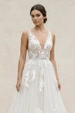 Marvelous V-neck A-Line Wedding Dress Tulle Appliques Rustic Wedding Dress