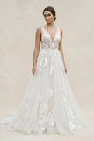 Marvelous V-neck A-Line Wedding Dress Tulle Appliques Rustic Wedding Dress