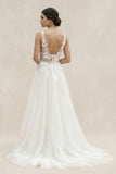 Marvelous V-neck A-Line Wedding Dress Tulle Appliques Rustic Wedding Dress