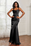 Spaghetti Straps Satin Mermaid Formal Evening Dresses with Slit Prom Party Bridesmaid Gowns