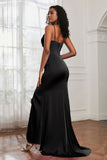 Spaghetti Straps Satin Mermaid Formal Evening Dresses with Slit Prom Party Bridesmaid Gowns