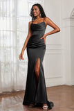 Spaghetti Straps Satin Mermaid Formal Evening Dresses with Slit Prom Party Bridesmaid Gowns