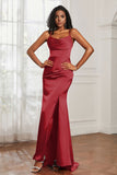 Spaghetti Straps Satin Mermaid Formal Evening Dresses with Slit Prom Party Bridesmaid Gowns