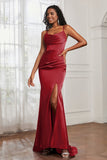 Spaghetti Straps Satin Mermaid Formal Evening Dresses with Slit Prom Party Bridesmaid Gowns