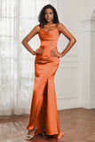 Spaghetti Straps Satin Mermaid Formal Evening Dresses with Slit Prom Party Bridesmaid Gowns