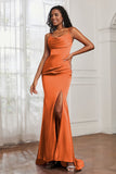 Spaghetti Straps Satin Mermaid Formal Evening Dresses with Slit Prom Party Bridesmaid Gowns