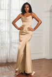 Spaghetti Straps Satin Mermaid Formal Evening Dresses with Slit Prom Party Bridesmaid Gowns