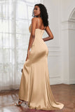 Spaghetti Straps Satin Mermaid Formal Evening Dresses with Slit Prom Party Bridesmaid Gowns