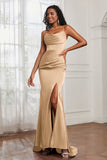 Spaghetti Straps Satin Mermaid Formal Evening Dresses with Slit Prom Party Bridesmaid Gowns