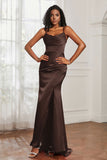 Spaghetti Straps Satin Mermaid Formal Evening Dresses with Slit Prom Party Bridesmaid Gowns