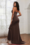 Spaghetti Straps Satin Mermaid Formal Evening Dresses with Slit Prom Party Bridesmaid Gowns