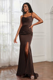 Spaghetti Straps Satin Mermaid Formal Evening Dresses with Slit Prom Party Bridesmaid Gowns